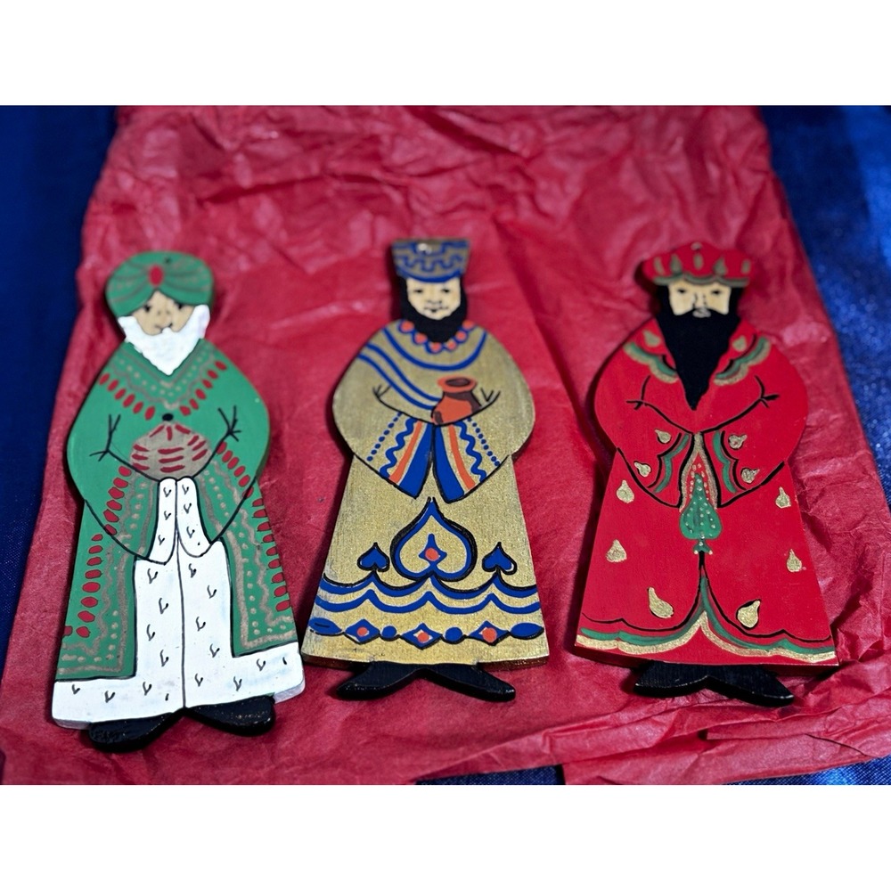 Hand Painted Wooden Three Wise Men Christmas Ornaments Set of 3 Kings Folk Art[L